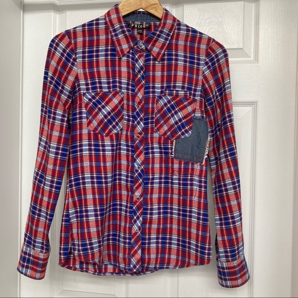 Volcom red plaid top with snaps - Picture 1 of 9